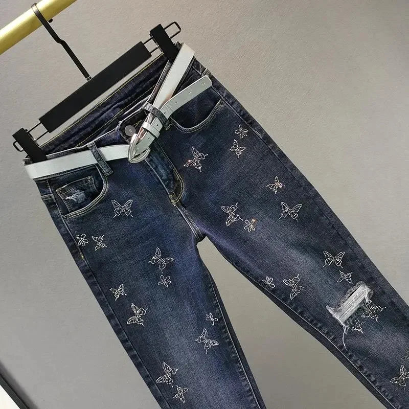 Spring Summer 2024 New Fashion Women's Denim Pants Korean Version Elastic Rhinestone High Waist Skinny Jeans