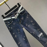 Spring Summer 2024 New Fashion Women's Denim Pants Korean Version Elastic Rhinestone High Waist Skinny Jeans