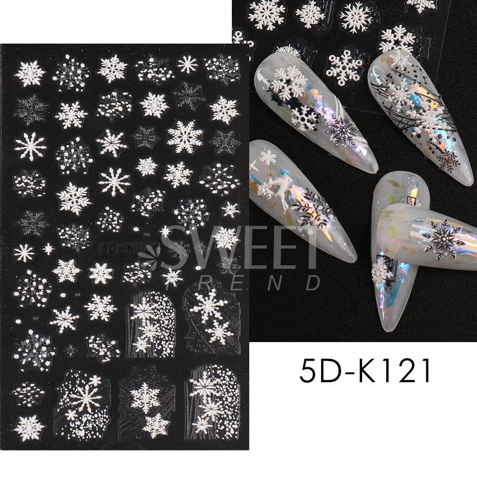 5D Red Christmas Nail Stickers Glitter Embossed Snowflake Gloves Feather Bulb Bells Winter Xmas DIY Engraved Manicure Decoration