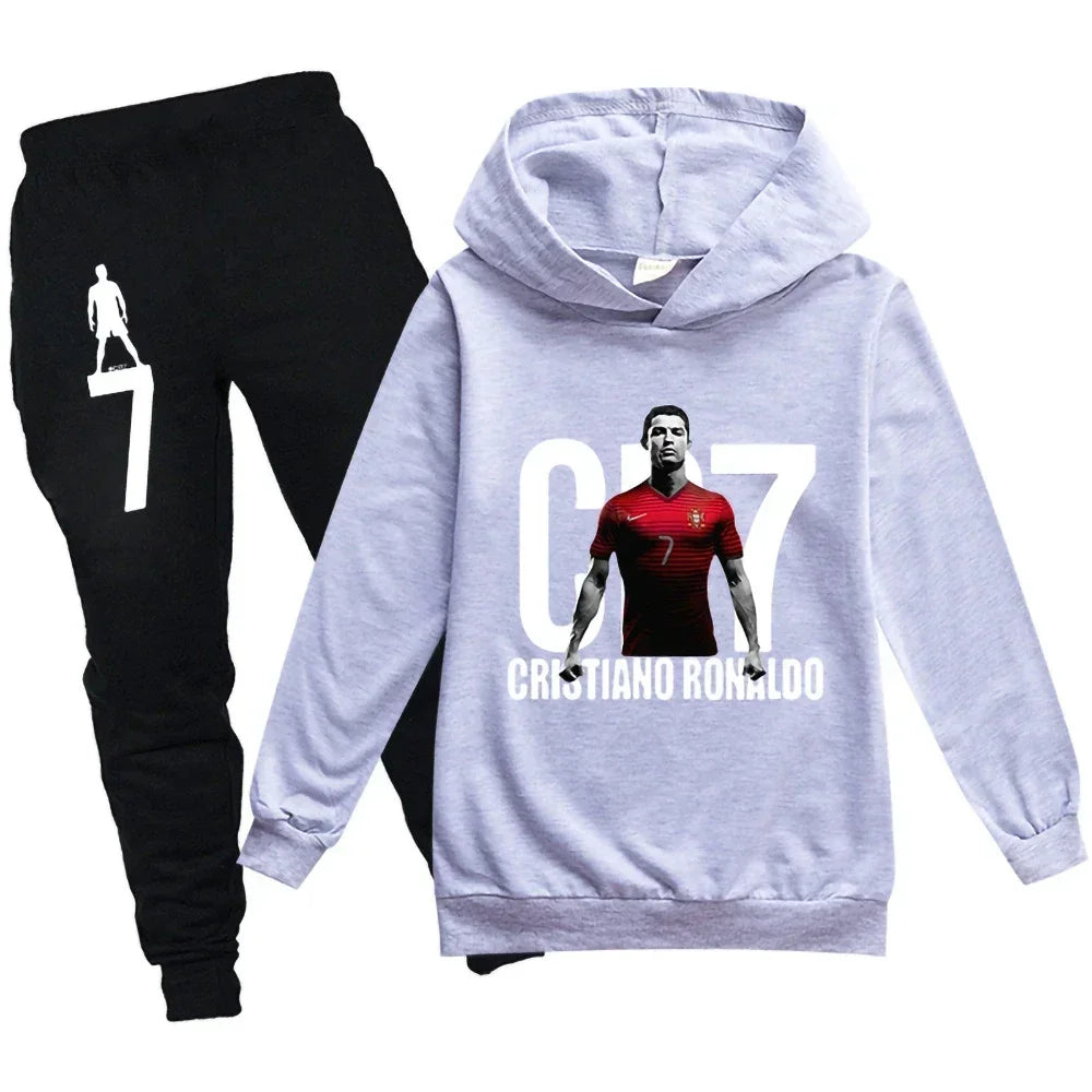Kids' Hooded Hoodie + Pants Set for Boys 3-12 Years, Spring Autumn Sweatshirt Football CR7 Tracksuit Children Holiday Sportswear