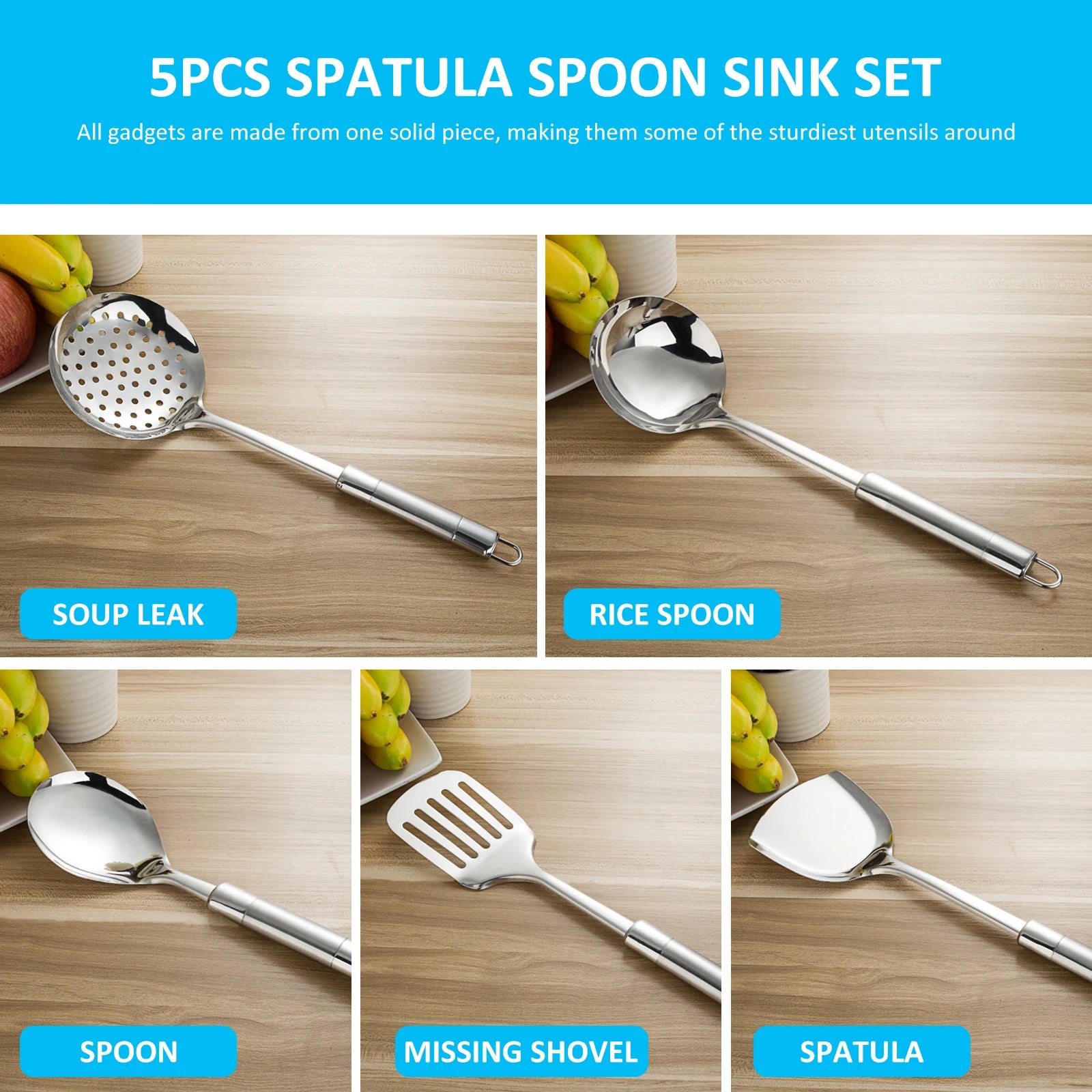 Juego de utensilios de cocina de 5 uds, cucharas de acero inoxidable, espátula con mango ergonómico, utensilios de cucharas lavables resistentes