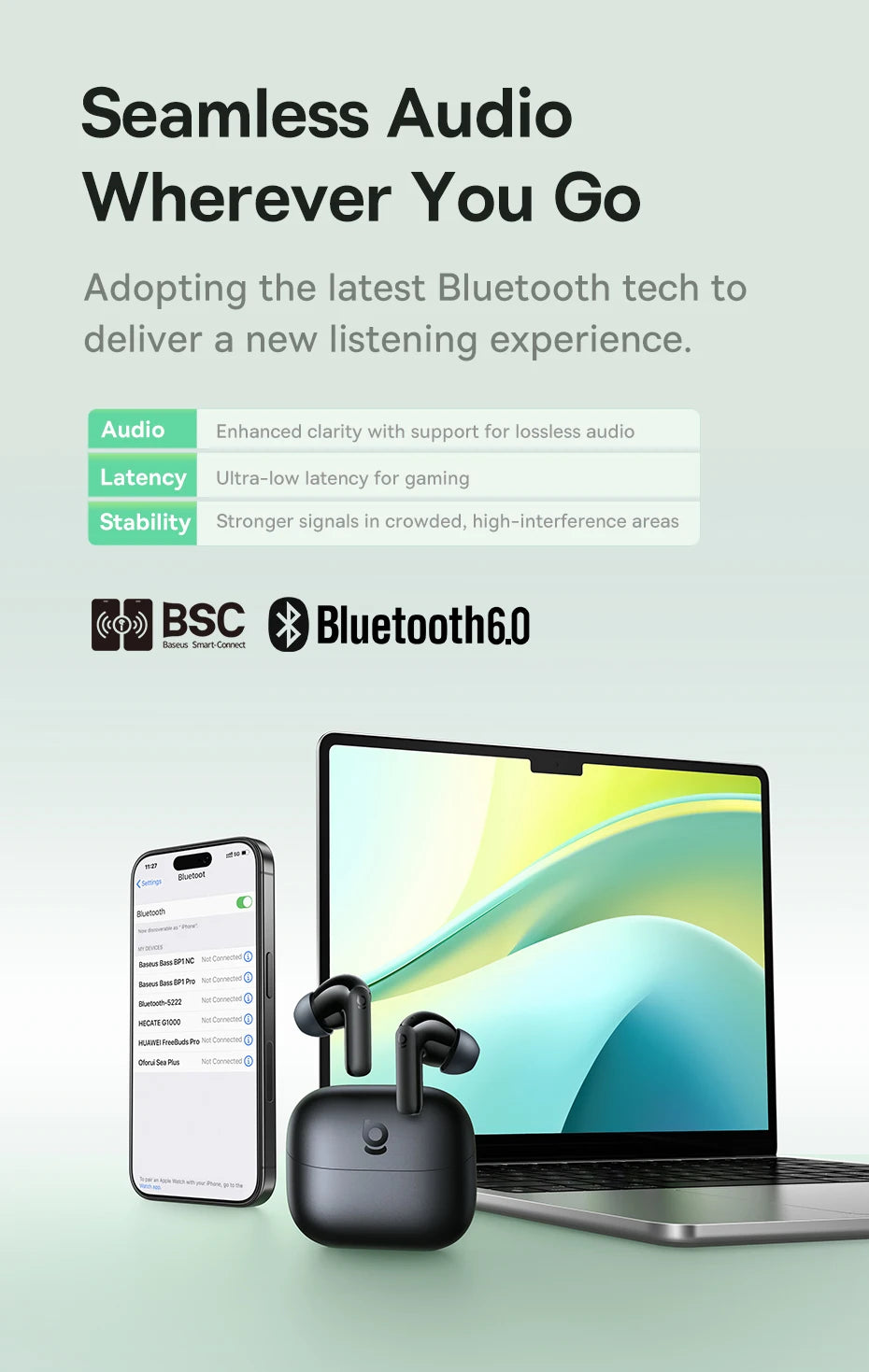 Fones de Ouvido True Wireless Baseus Bass EP10 NC – Cancelamento de Ruído ANC de -43dB, Bluetooth 6.0, Intra-auriculares, 4 Microfones com ENC