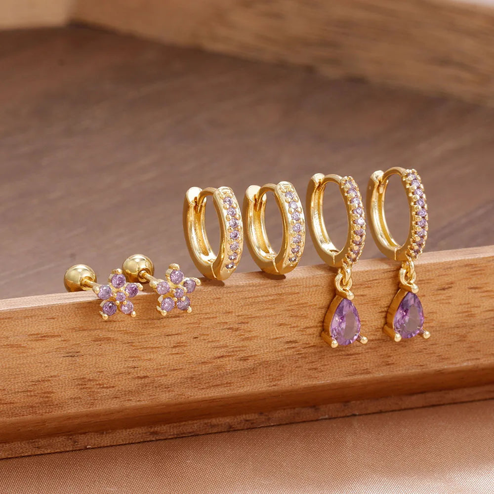 6PCS Cubic Zirconia Stainless Steel 14K Gold Plated Water Drop Earrings Five-Petaled Flowers ear stud For Women Set Jewelry Gift