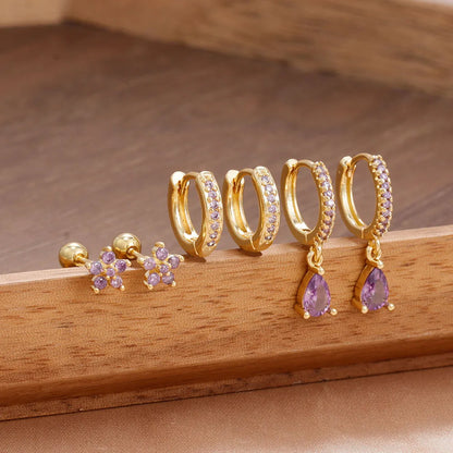 6PCS Cubic Zirconia Stainless Steel 14K Gold Plated Water Drop Earrings Five-Petaled Flowers ear stud For Women Set Jewelry Gift
