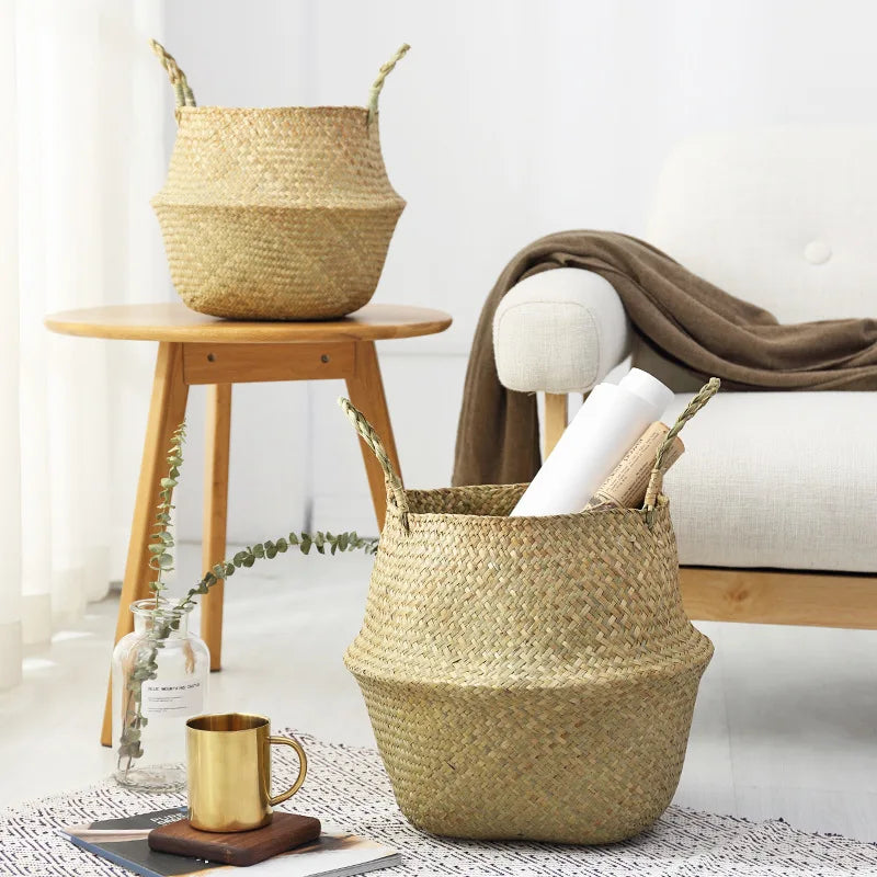 Storage Baskets Straw Wicker Rattan Hanging Flowerpot Seagrass Folding Laundry Clthoes Baskets Garden Plant Basket Home Decor