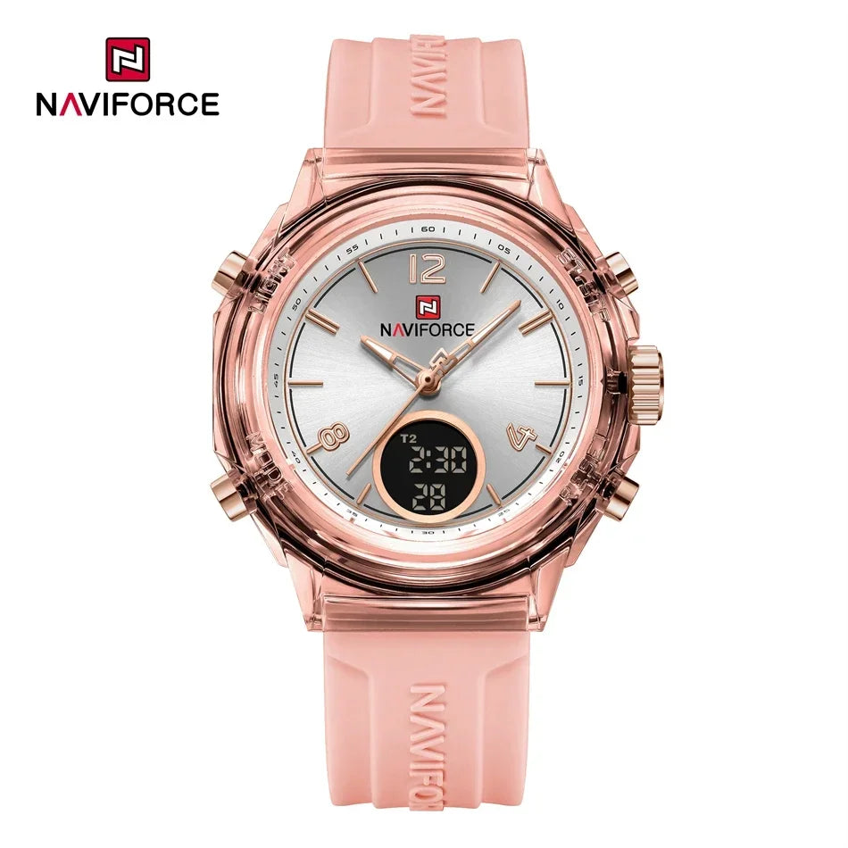 Relojes NAVIFORCE para mujer, nuevo diseño, esfera pequeña, deportivos, para mujer, resistente al agua hasta 5 ATM, reloj de pulsera de cuarzo con pantalla LCD digital, reloj para mujer