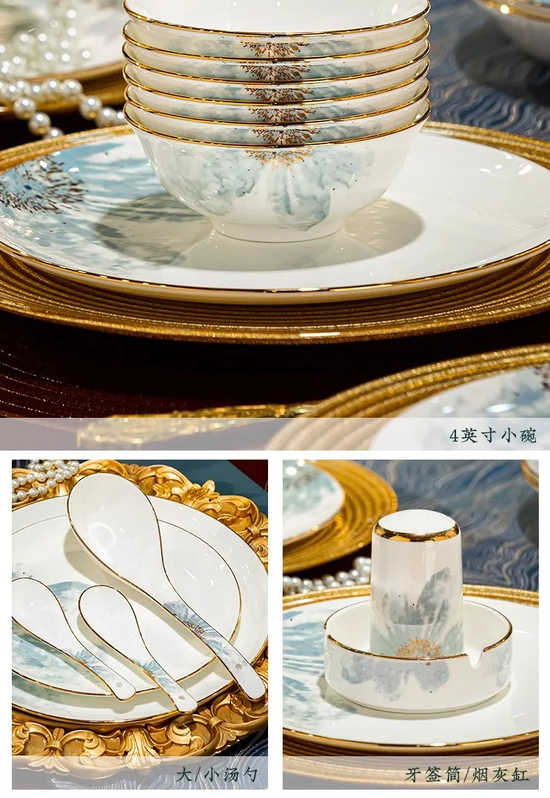 Gold Luxury Home Dinnerware Sets Gift Wedding Guests Party Kitchen Tableware Ceramic Christmas Vaisselle Cuisine Dinner Sets