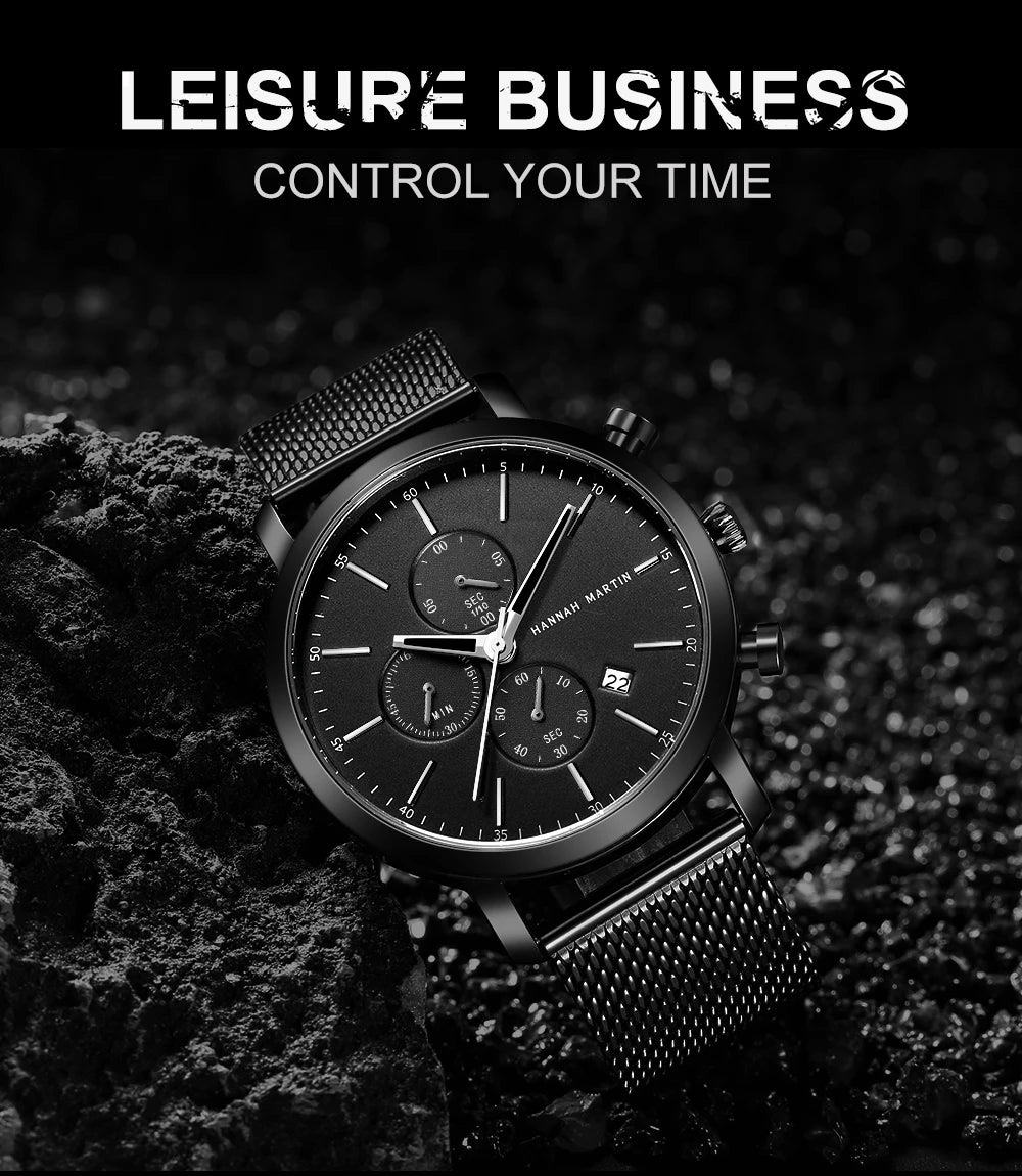 HANNAH MARTIN Brand Men Watch Black Stainless Steel Waterproof Fashion Sports Multifunctional Quartz Wristatch Relogio Masculino