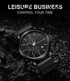 HANNAH MARTIN Brand Men Watch Black Stainless Steel Waterproof Fashion Sports Multifunctional Quartz Wristatch Relogio Masculino