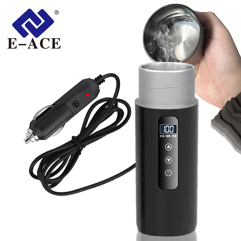 Hervidor eléctrico portátil para coche, 12 V, 24 V, 500 ml, para viaje, con aislamiento inteligente de acero inoxidable y pantalla OLED