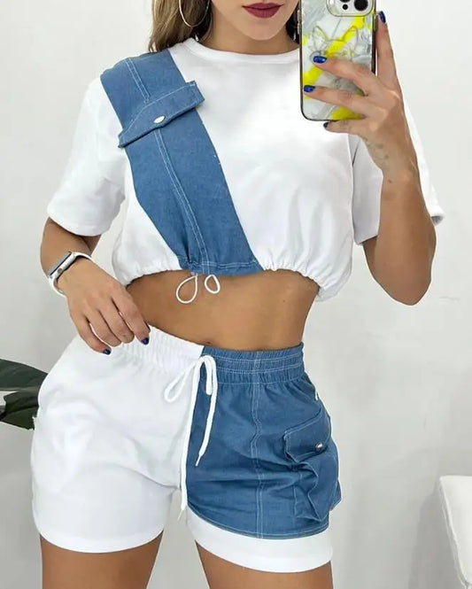 Two Piece Sets Womens Outifits 2023 Summer Fashion Denim Patch Round Neck Short Sleeve Top & Casual Drawstring Pocket Shorts Set