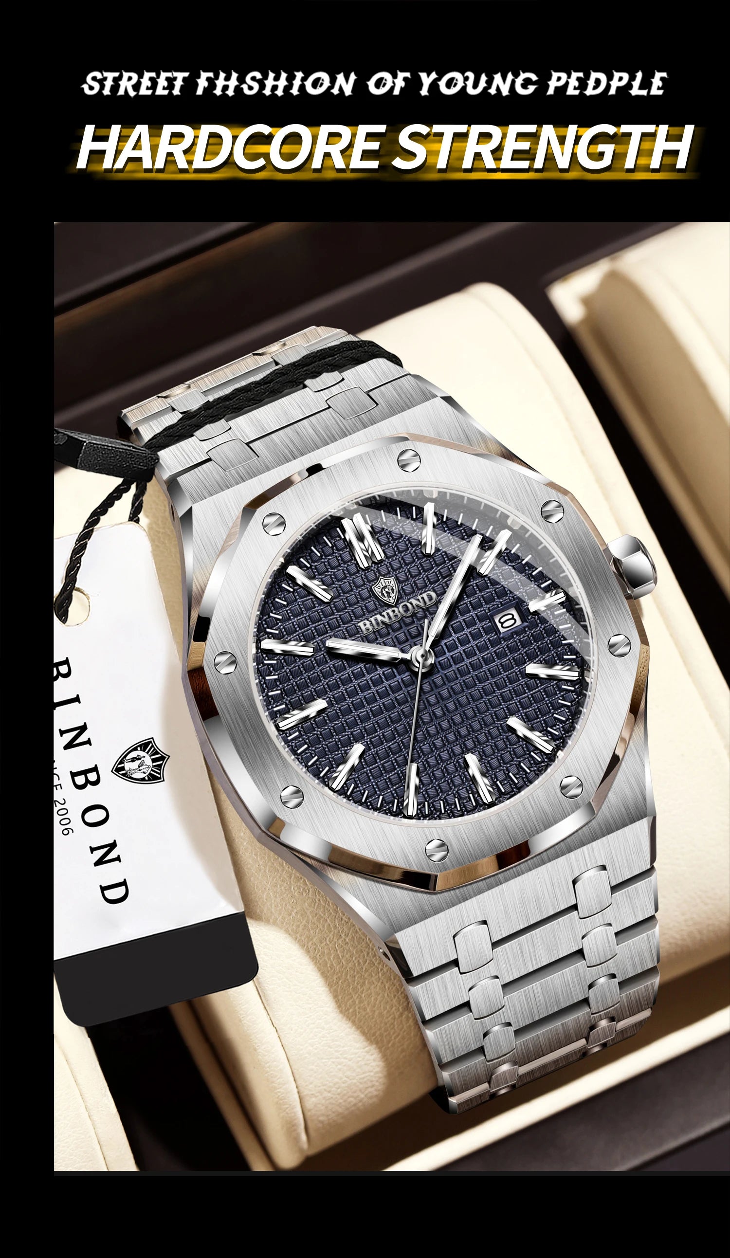 BINBOND Sturdy Stainless Steel Strap Quartz Wristwatches for Men Luxury Luminous Waterproof Auto Date Accurate Men's Watch Reloj