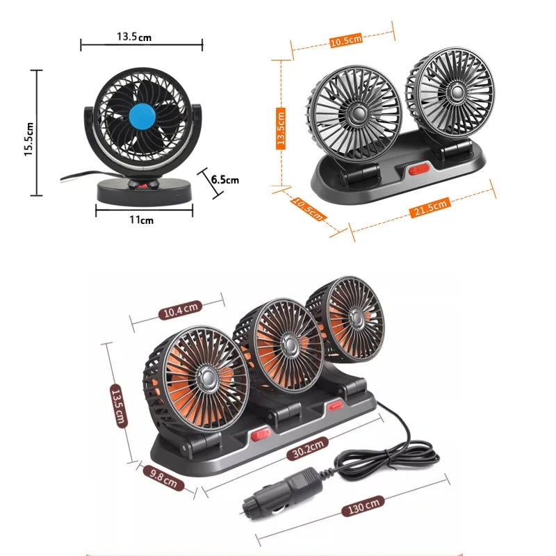 Car Fan 360° Adjustable 3 Head Air Fan Automotive Electric Fan USB/12V/24V Fan 2 Speeds Car Silent Fan For Home Desk Office&amp;Car
