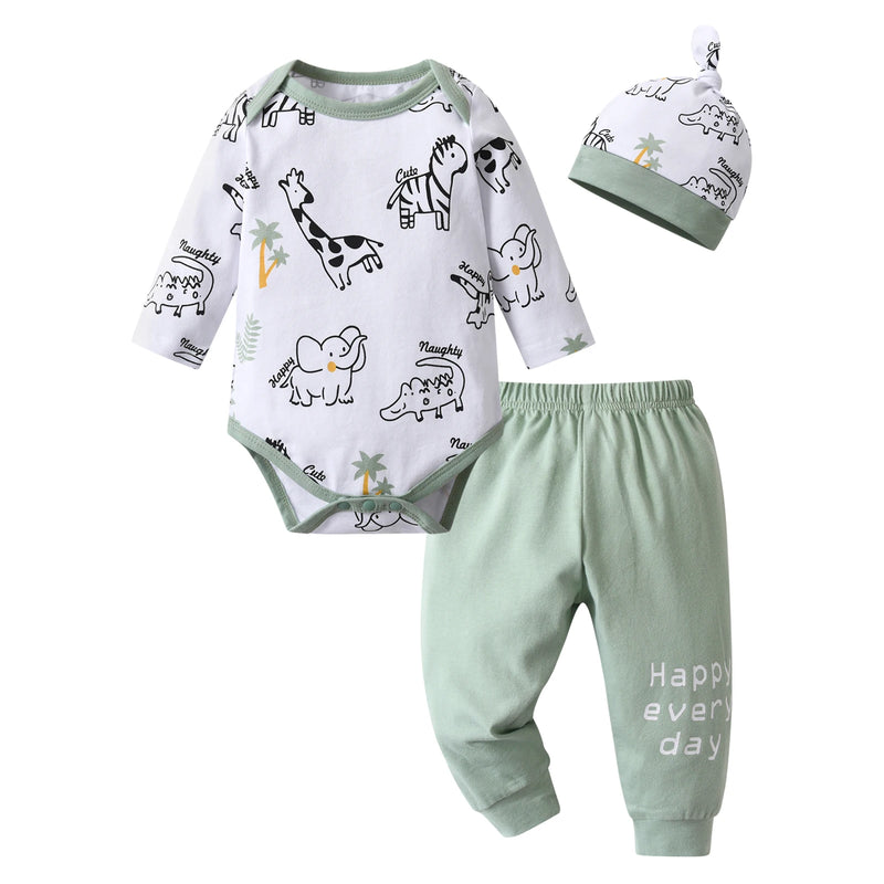 Newborn Baby Boy Baby Elephant Clothes Set Long Sleeve Romper Bodysuit Top and Pants with Hat Spring Autumn Cute Outfit for Boys
