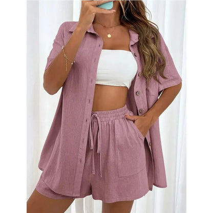 Solid Color Casual Loose Short Pants Sets For Women 2024 Elegant Summer Women's Two Pieces Suit Full Set Female Outfit Clothes
