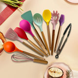 12PCS Silicone Non-Stick Cookware Kitchen Utensils Set for Kitchen Wooden Handle Spatula Egg Beaters Kitchenware Accessories