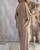 Women's Summer Trousers Suit V-neck Batwing Sleeve Casual Top Lace-up Trousers Loose Solid Color Two-piece Set