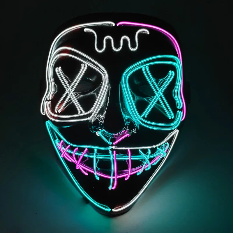 Artigos para Festa de Halloween 2026: Máscara LED Luminosa Estilo "Uma Noite de Crime" (Purge) com Luz Neon EL Sem Fio – Máscara de Rosto Inteiro para Cosplay Adulto (Brilha no Escuro)