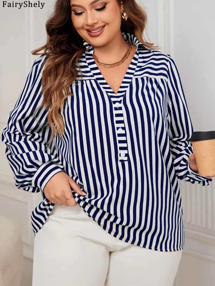 Fairyshely Spring Woman Stripe Print Plus Size Shirt Lady Long Sleeve Large T-shirt Autumn Elegant Loose Curvy Pullover Tops