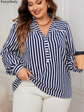 Fairyshely Spring Woman Stripe Print Plus Size Shirt Lady Long Sleeve Large T-shirt Autumn Elegant Loose Curvy Pullover Tops