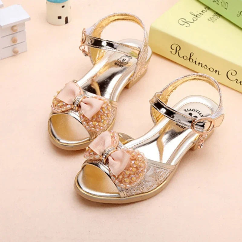 Girls Princess Shoes Summer Children High Heels Open-toe Party Wedding Toddler Sandals Non-slip Kids Casual Sequins Beach Shoes