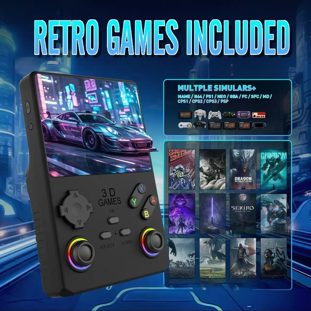 2025 V40MAX Handheld Game Console 4'' IPS Screen 4000mAh Battery Joystick RGB lighting Effect 256GB with more than 40000 games