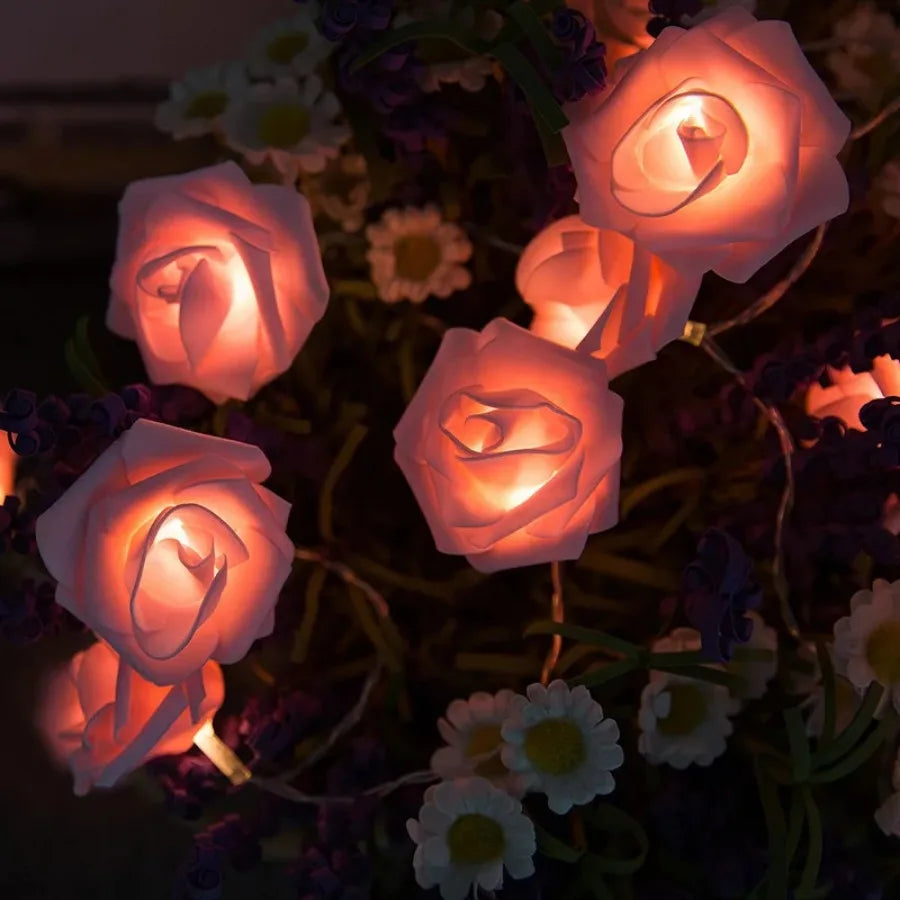 LED Flower String Lights Artificial Flower Rose Bouquet Romantic Lamp Fairy Light Garland for Wedding Valentines Day  Decor