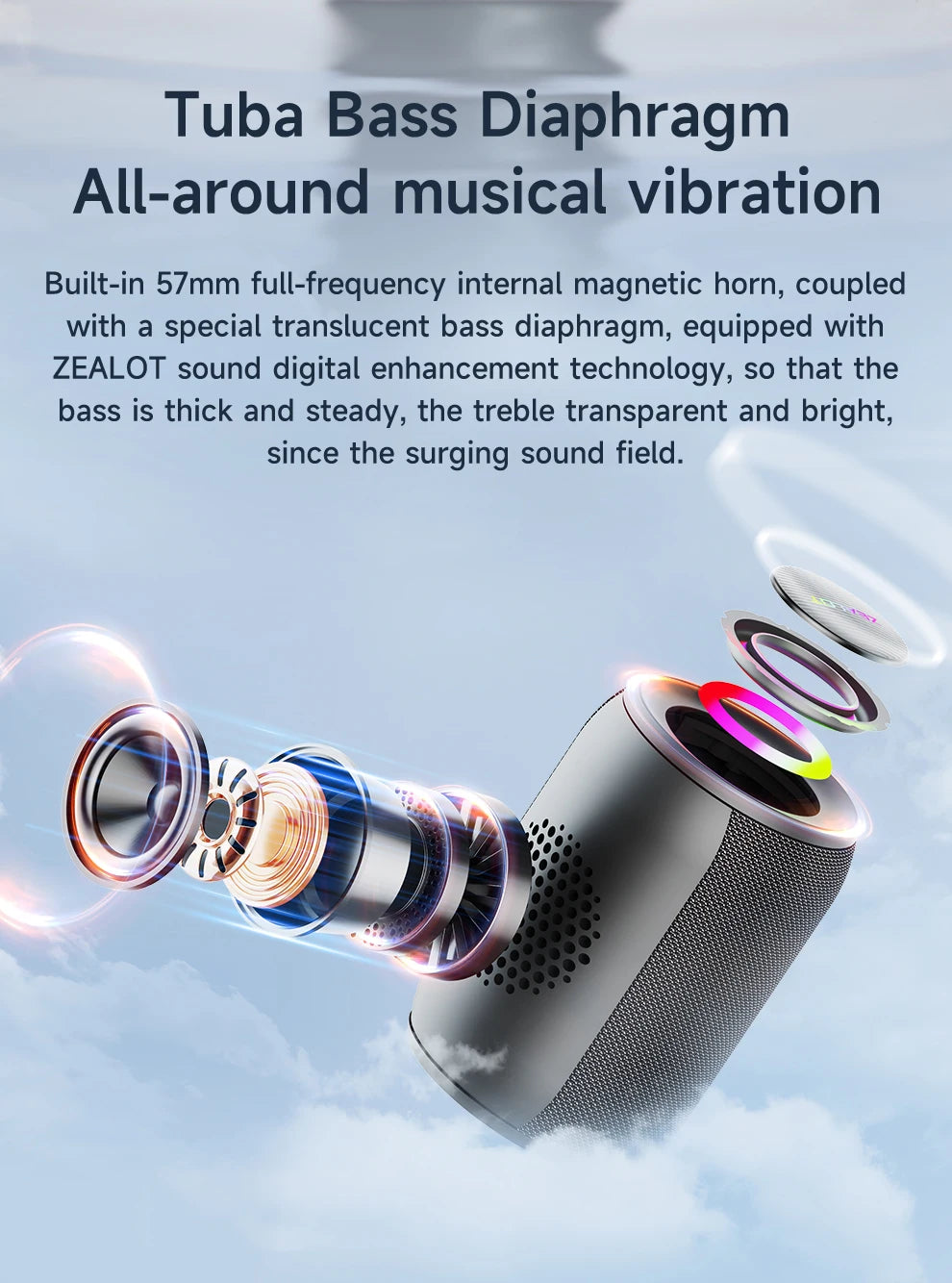 Potente altavoz Bluetooth Zealot-S32PRO, inalámbrico con graves, luz LED, para exteriores, subwoofer, resistente al agua.