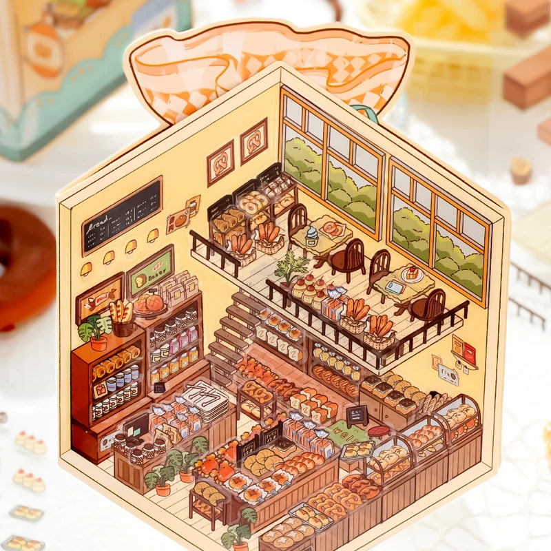 Mr. Paper 6Pcs/bag miniature store series folding scenic stickers visual stacking stickers stationery for DIY Journal, Scrapbook