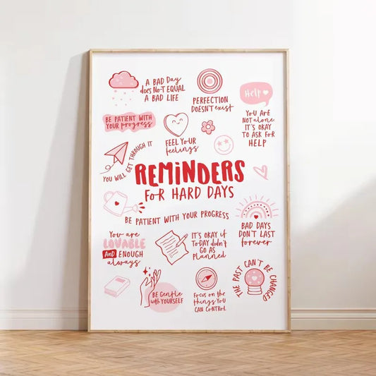 Reminders for Hard Days, Mental Health Office Decor, Therapy Poster, Positive Affirmations, Calming Corner Wall Canvas Art