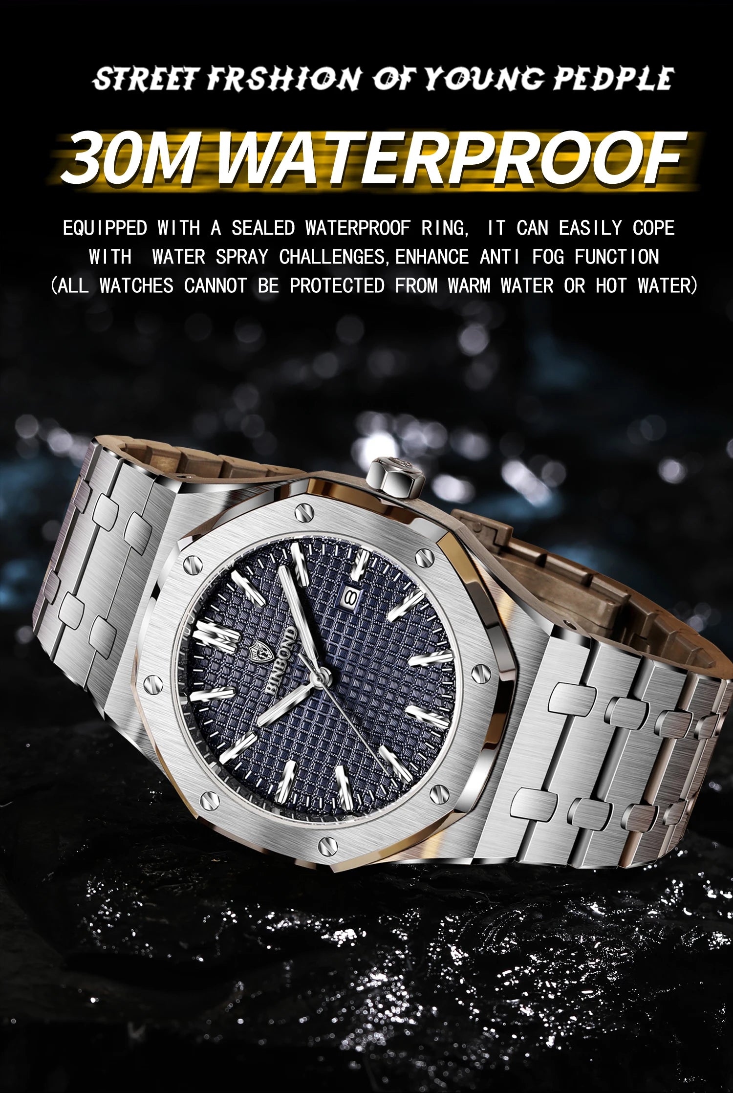 BINBOND Sturdy Stainless Steel Strap Quartz Wristwatches for Men Luxury Luminous Waterproof Auto Date Accurate Men's Watch Reloj