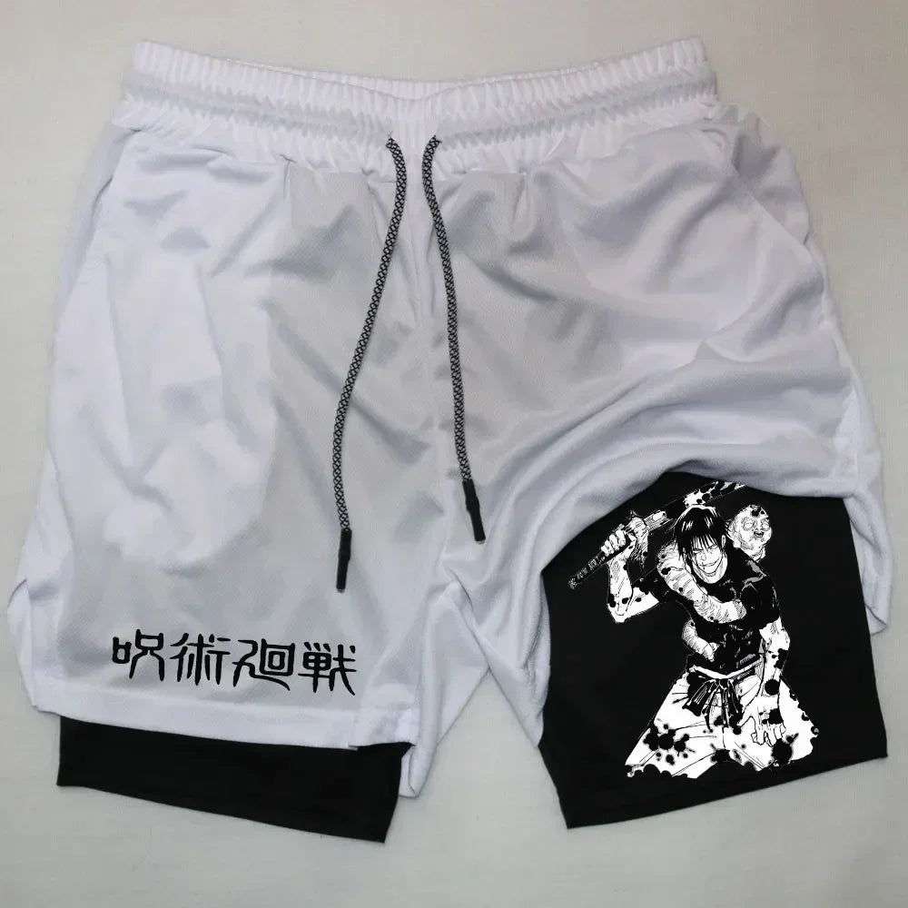 Men's Sports Shorts Anime Performance Shorts Printed Men GYM Casual Sport Compression Shorts Workout Running Mesh 2 in 1 Shorts