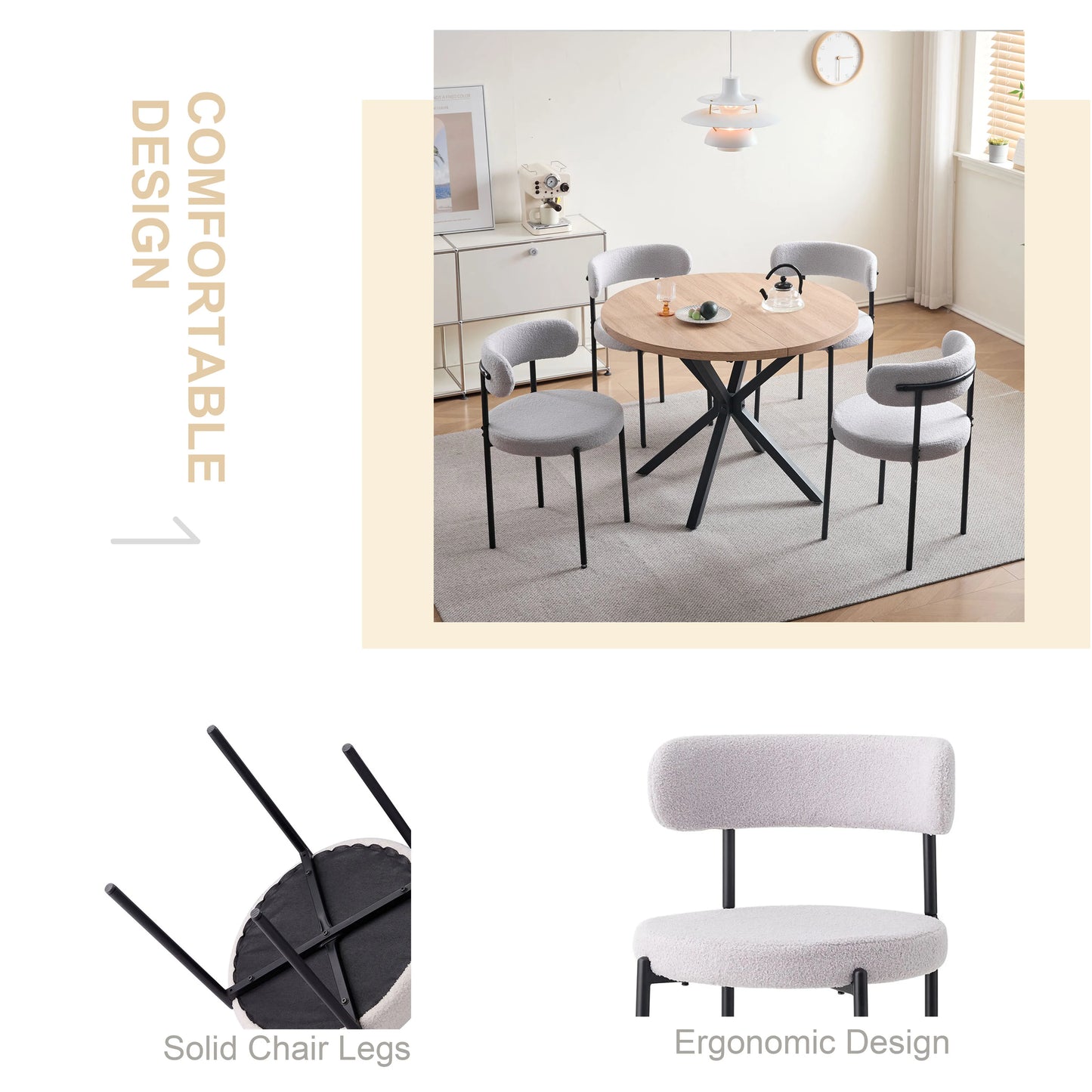 EGOONM 4Pcs Nordic Style Dining Chairs Upholstered Kitchen Chairs with Teddy Velvet Chair Home Desk Dining Room Kitchen Chairs