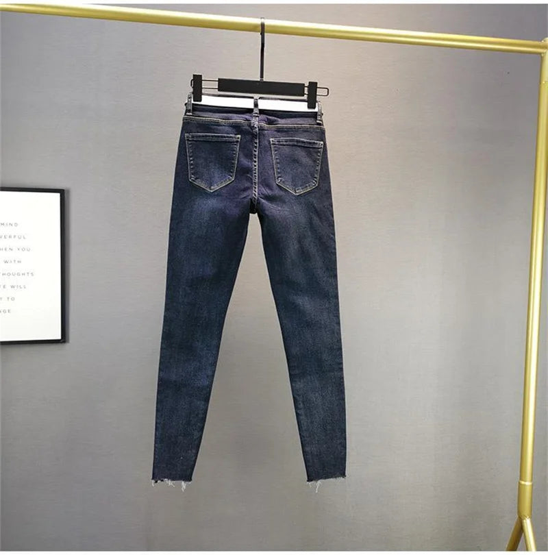 Spring Summer 2024 New Fashion Women's Denim Pants Korean Version Elastic Rhinestone High Waist Skinny Jeans