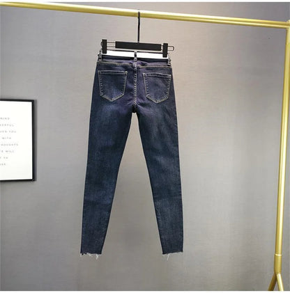 Pantalones vaqueros de cintura alta para mujer, versión coreana, elásticos, con diamantes de imitación, primavera y verano de 2024