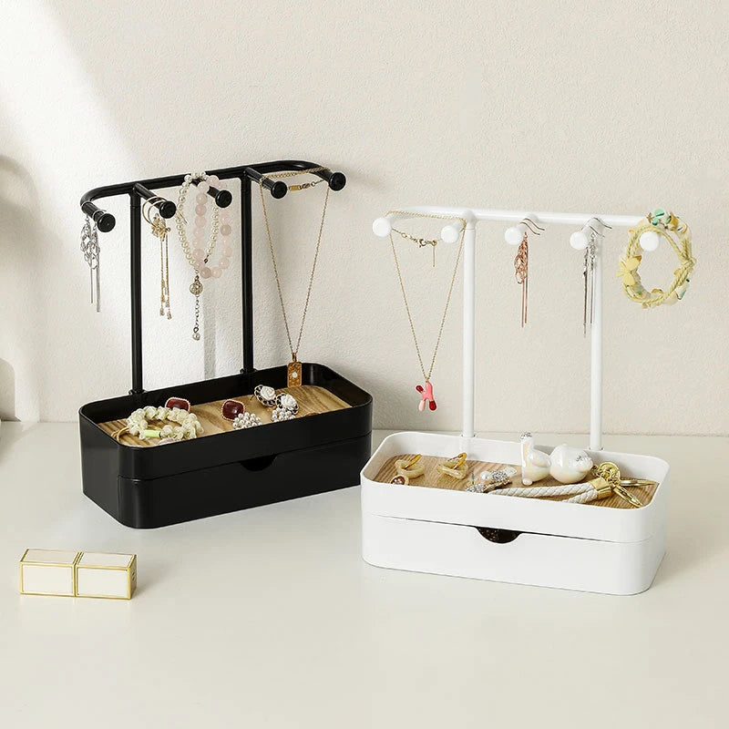 Caja de almacenamiento de joyas, soporte de exhibición con bandeja de madera para pulsera, collares, anillos, organizador colgante para el hogar