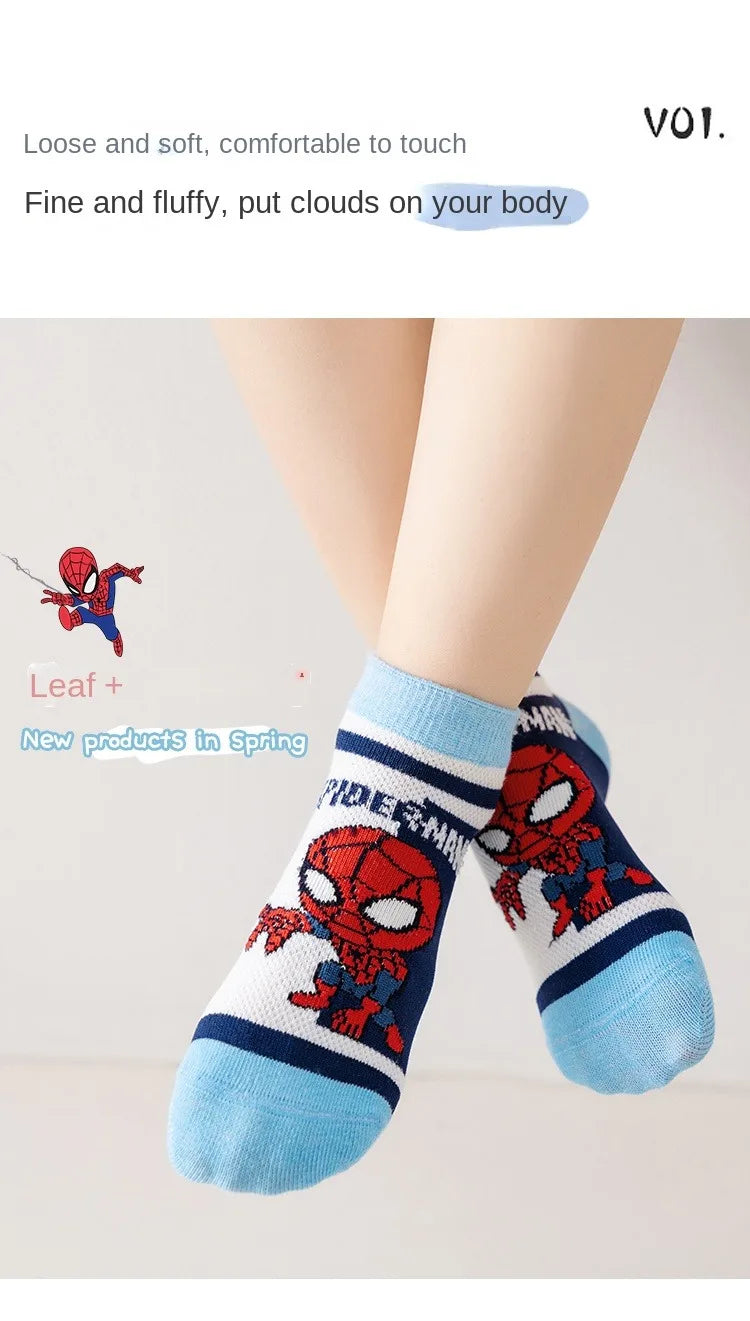5 Pairs Children Socks Spider-Man Kids Boys Short Socks Iron Man Captain America Cartoon Baby Summer Spring Mesh Socks 1-12Y