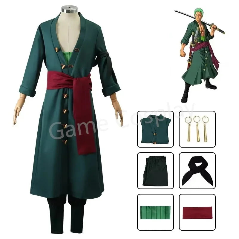 Anime Roronoa Zoro Cosplay Costume Uniform Green Coat Pants Head Scarf Roronoa Zoro Wig Earrings Halloween Carnival Men Clothes