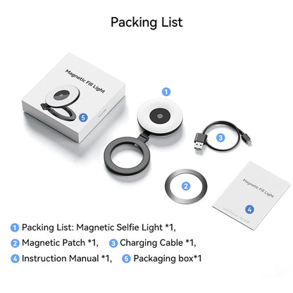 Anillo de luz magnético para selfies, luz de relleno magnética para smartphone, mini luz de bolsillo para selfies para iPhone, XIAOMI, HUAWEI y SAMSUNG (2500K-9000K)