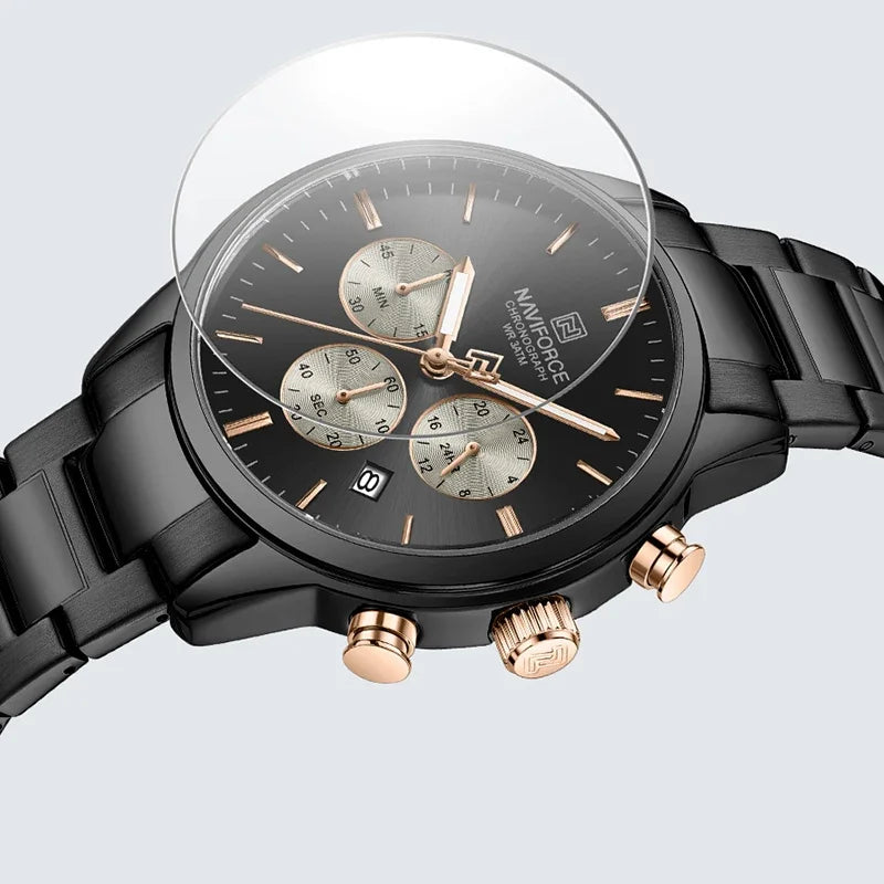 NAVIFORCE NF8076 Sports Watches for Men Stainless Strap Quartz 3ATM Waterproof Shockproof New Fashionable Clock