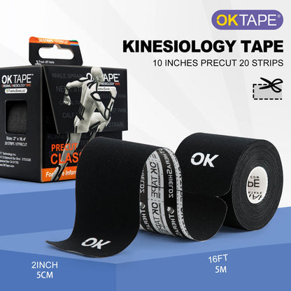 OK TAPE Kinesiology Tape 5CM X 5M Precut, 20 Strips, Latex Free Elastic Athletic Bandage, Gym Fitness Ankle Knee Finger Arm