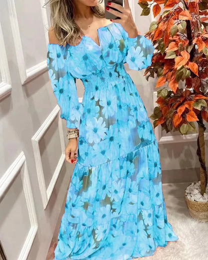 Women's Dresses 2022 Summer Vintage Print Off The Shoulder Casual V Neck Long Sleeved Waist Slim Maxi Dress