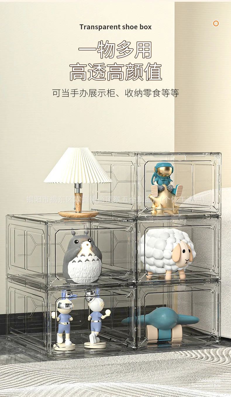 Caja de zapatos transparente, puerta con succión magnética, caja de almacenamiento de plástico grueso, caja de almacenamiento de zapatos desmontable a prueba de polvo