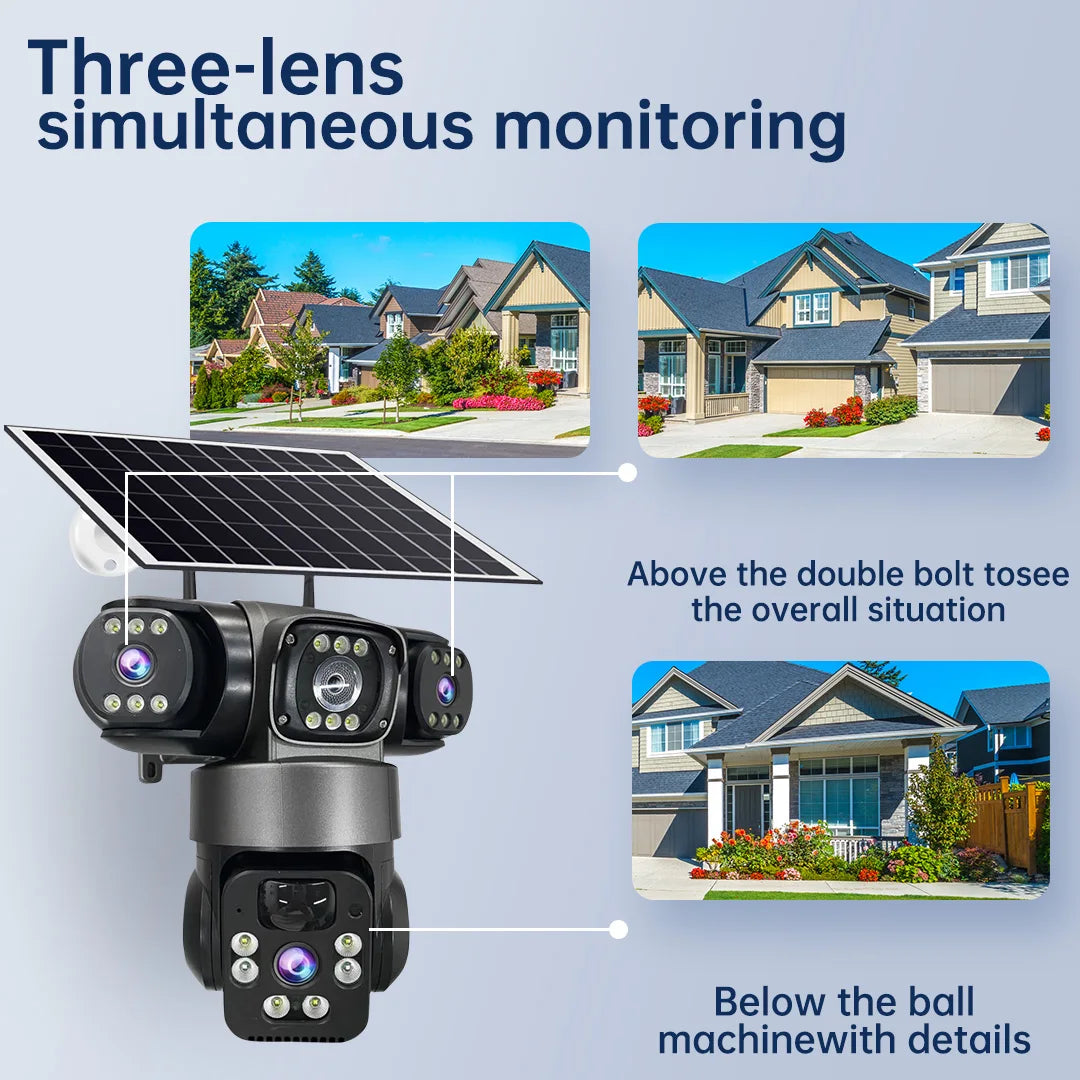 12MP 6K 3 Lens 3 Screen 4G Outdoor Solar Camera Wireless WiFi IP Cameras PIR Auto Tracking Solar Security CCTV Surveillance Cam