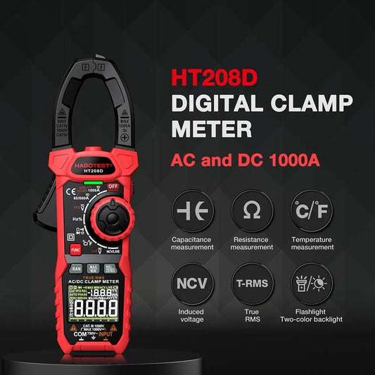 Multímetro de pinza amperimétrica HT208D CA/CC, 1000 A, RMS real, 6000 cuentas, con prueba de temperatura, NCV, LPF, voltaje y corriente