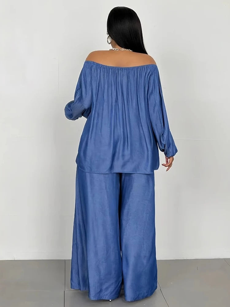 2piece Wide Legs Fake Jeans Suits for Women Plus Size Spring Outfits Off Shoulder Top and Pants Sets Wholesale Dropshipping