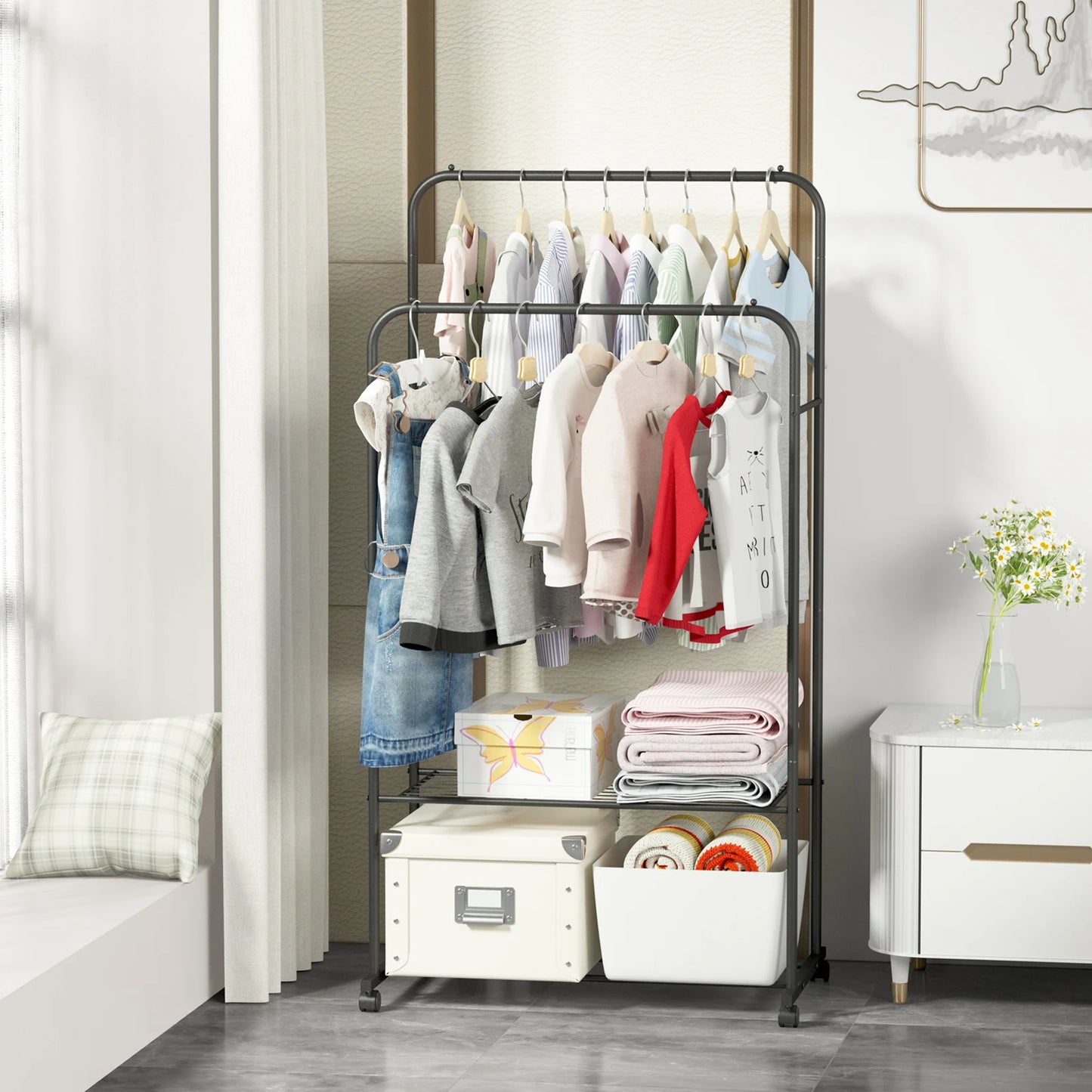 Rolling Clothes Rail Rack Garment Cloth Hanging Rack with 2 Tier Storage Shelves