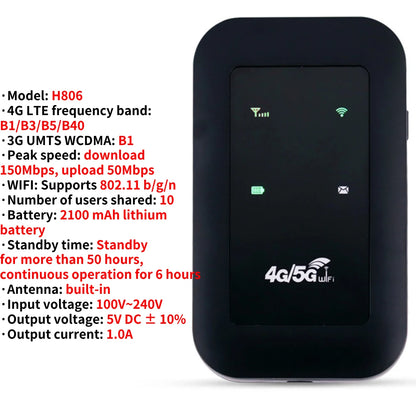 4G/5G Mobile WIFI Router 150Mbps 4G LTE Wireless Router 3000mA Portable Pocket MiFi Modem Mobile Wifi Hotspot with Sim Card Slot