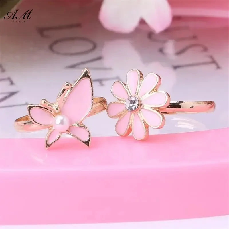10 Pcs Adjustable Alloy Baby Girl Rings with Heart Shaped Box Cartoon Mix Finger Jewellery Rings Kid Girls Toys Random Color