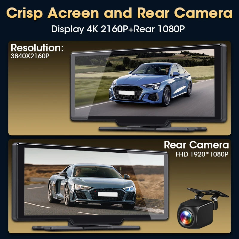 Srnubi 10.26" Dash Cam Rearview Wireless Carplay & Android Auto 4K DVR Navigation Player Dual Lens Recorder Dashboard WIFI 5.0BT